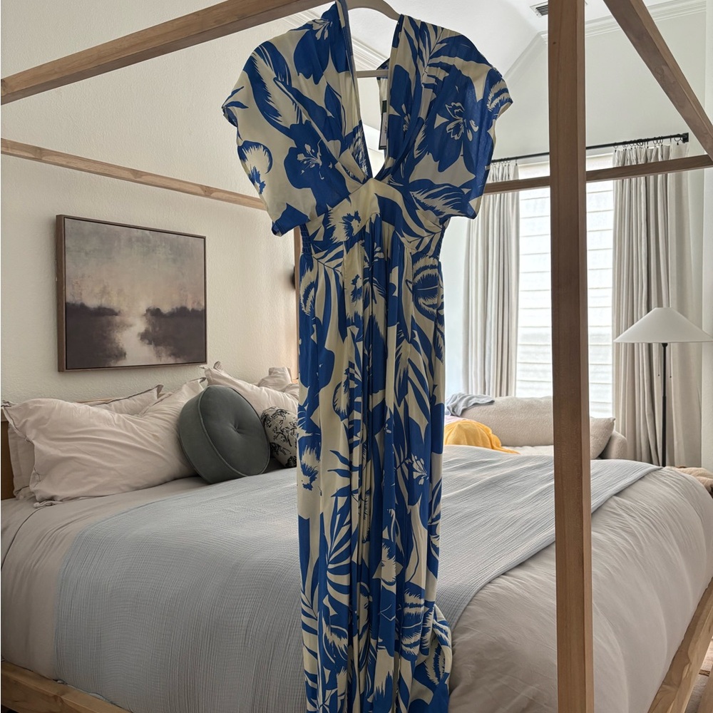 Mahina Blue and Cream Floral Kimono Maxi Dress